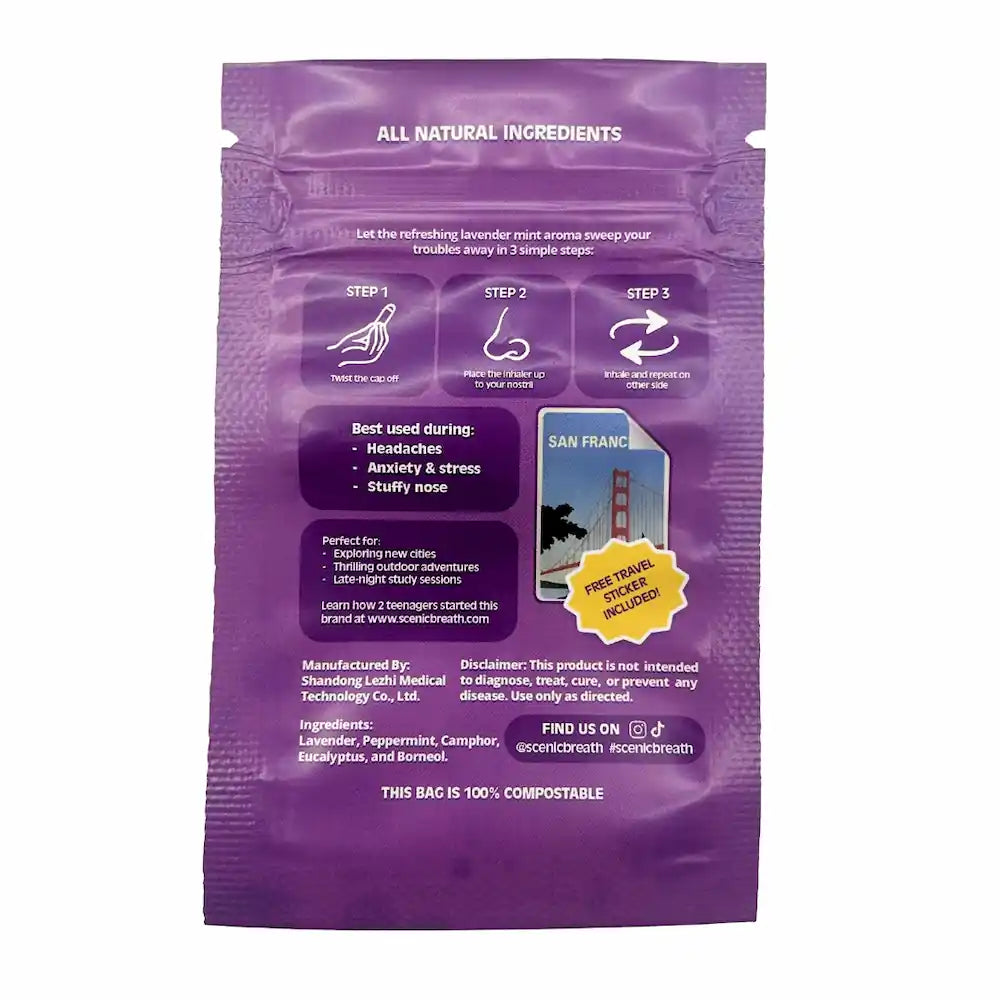 Purple package with text and icons on a white background