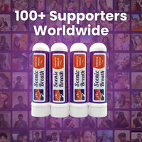 Four Scenic Breath products with a collage of people in the background and text '100+ Supporters Worldwide'.