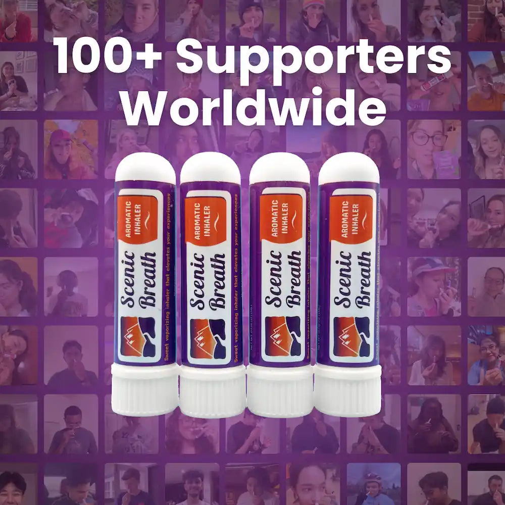 Four Scenic Breath products with a collage of people in the background and text '100+ Supporters Worldwide'.