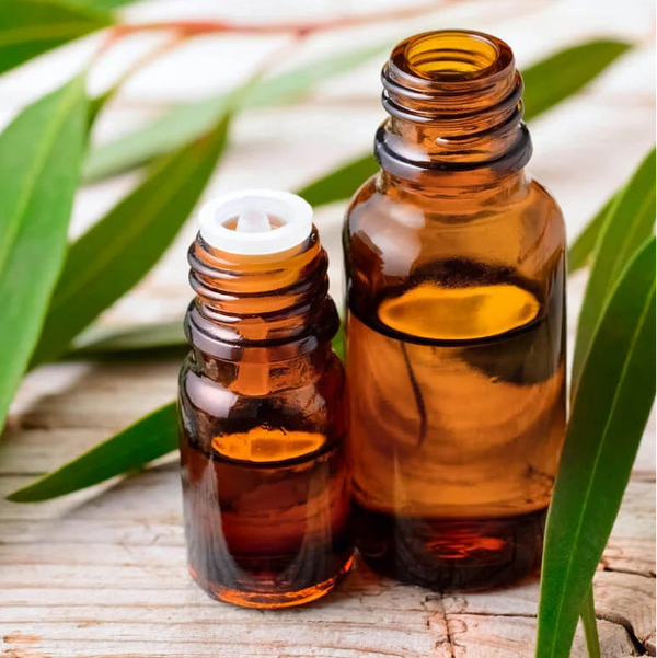 Two amber glass essential oil bottles with eucalyptus leaves on a wooden surface, promoting eucalyptus diffuser blends.