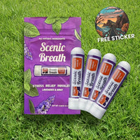 Scenic Breath stress relief inhalers and packaging on grass with a free sticker offer.