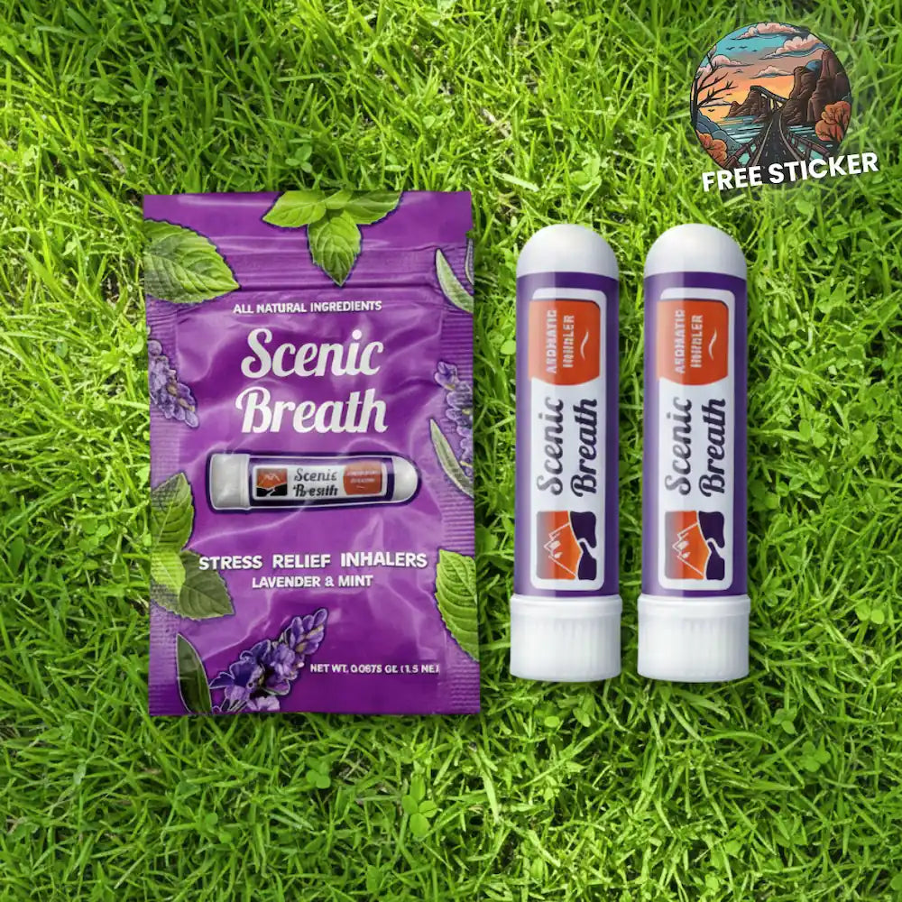 Scenic Breath products including a packet and two inhalers on grass with a free sticker offer.