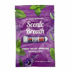 Scenic Breath stress relief inhaler packaging with lavender and mint leaves on a purple background