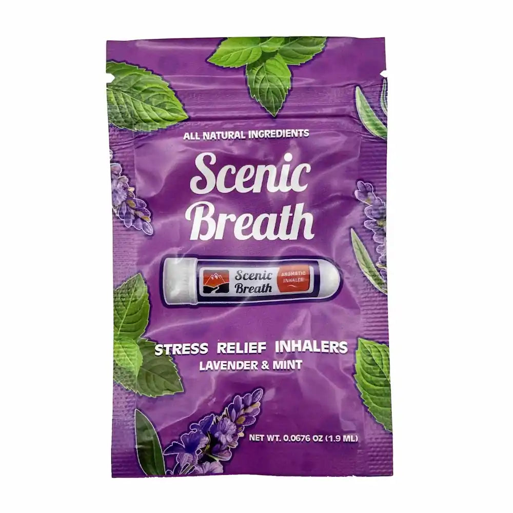 Scenic Breath stress relief inhaler packaging with lavender and mint leaves on a purple background