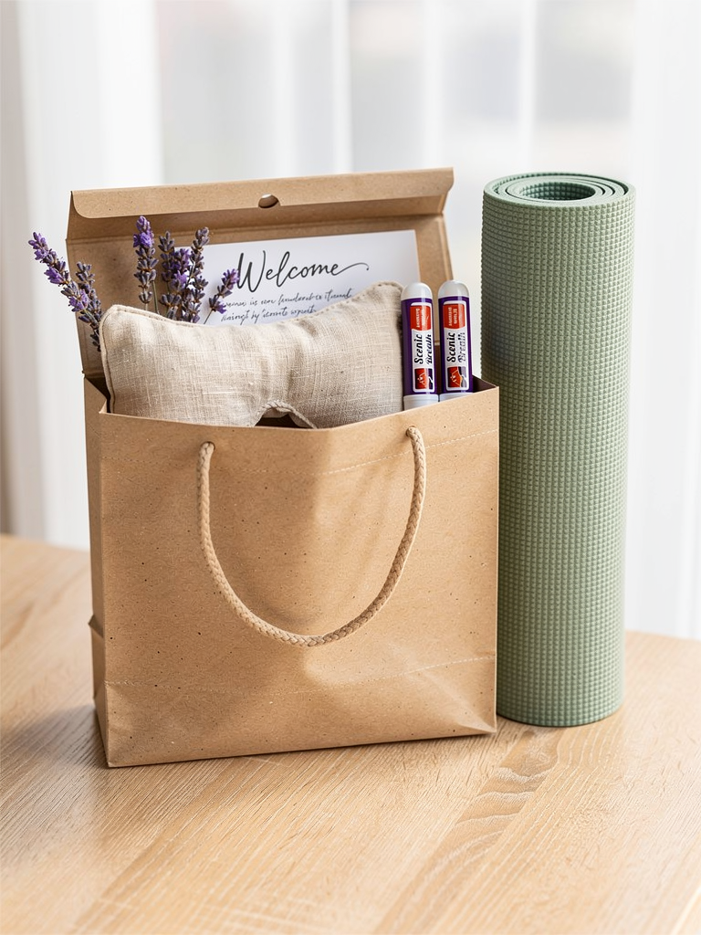 Retreat goodie bag with Scenic Breath lavender mint nasal sticks, a welcome card and dried lavender