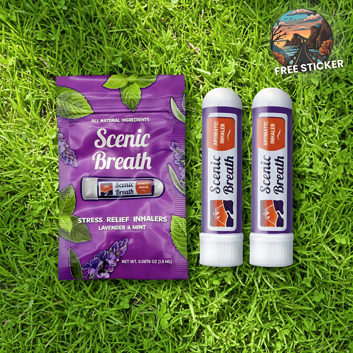 Scenic Breath Lavender Mint aromatherapy nasal inhaler 2-pack with pouch on grass