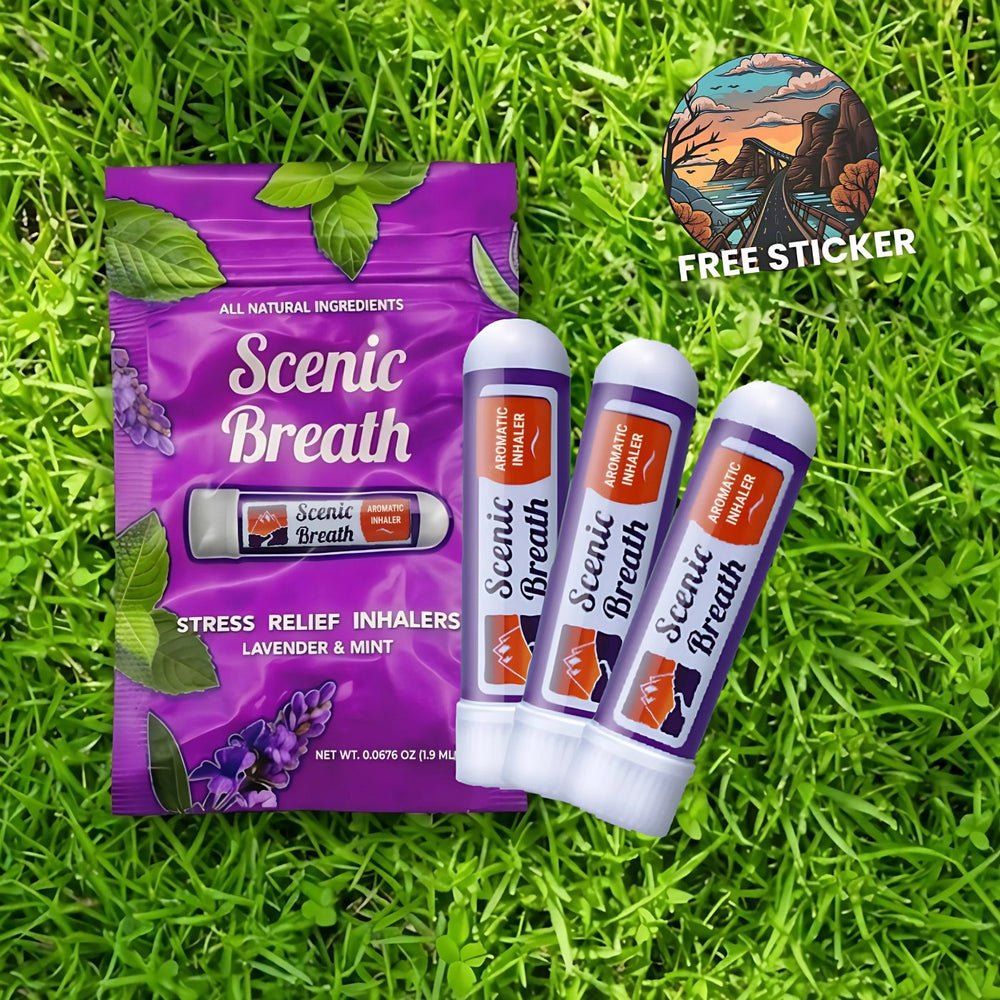 Scenic Breath Lavender Mint aromatherapy nasal inhaler 3-pack with pouch and free sticker on grass